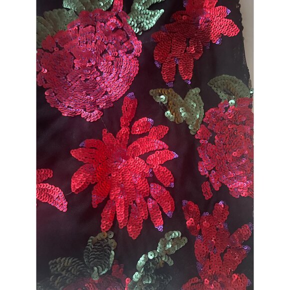 Short Floral Dress with Sequins, Size S/M, Black Dress with Red Flowers - Picture 4 of 8